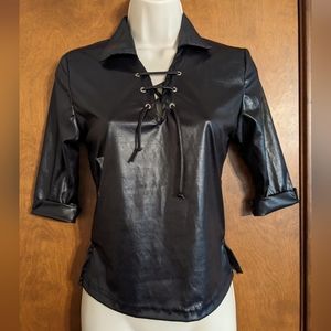 Vintage 90s faux black leather lace up collar top never worn pleather vinyl